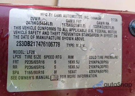 2007 Suzuki Xl7 z USA, uszkodzony, nr VIN 2S3DB217476106778